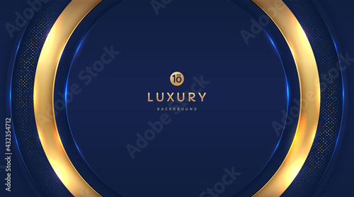 Dark navy blue and gold circle shapes on background with glowing golden striped lines and glitter. Luxury and elegant. Abstract template design. Design for presentation, banner, cover. EPS10 vector