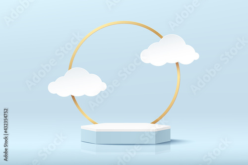White hexagon pedestal podium. Light blue minimal wall scene with golden ring and cloud shape paper cut style. Vector rendering 3d shape, Product display presentation. Abstract background pastel color