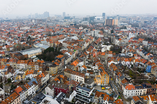 Brussels, Belgium, January 3, 2021: . Old town of Brussels view from above. European commission building on the background