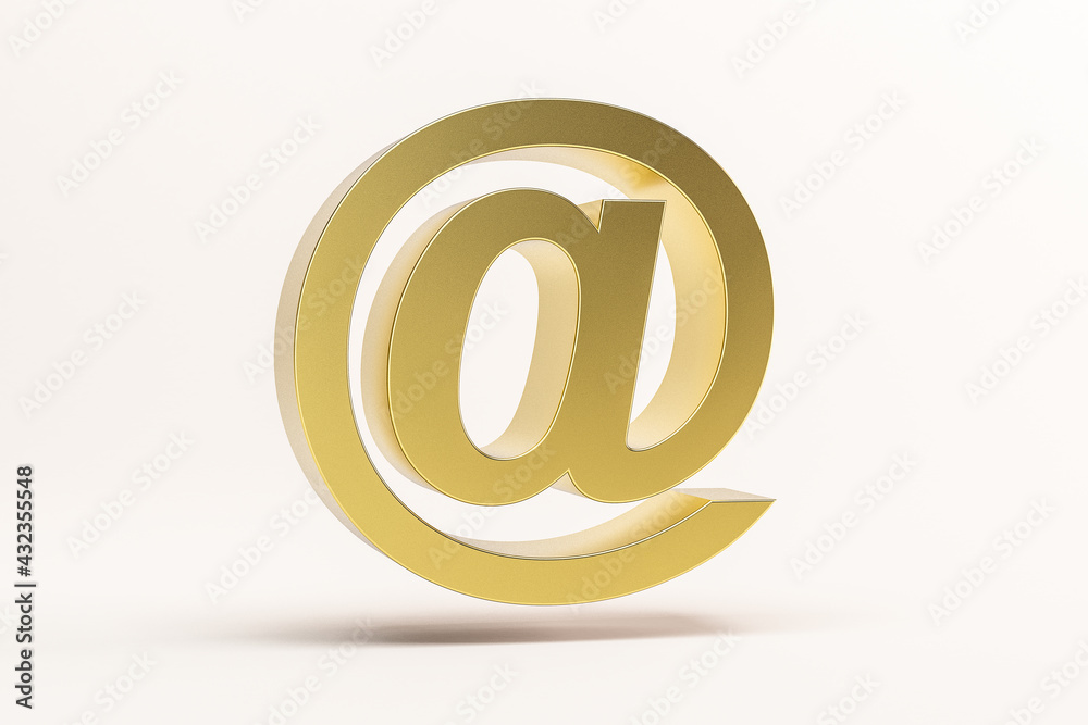 3D illustration golden mail at sign isolated on white background. 3D rendering for advertising.