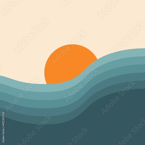 Abstract colorful seascape illustration with blue sea waves and sun decoration at sunset © anasztazia