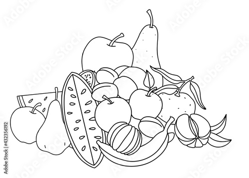 Fruit. Still life with different fruits, black outlines for children's coloring, outlined design. Vector black and white illustration