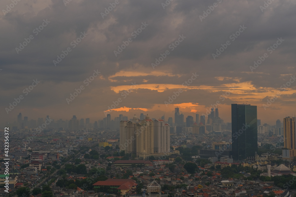 Naklejka premium Quarantine photos when i got Covid19 in Wisma Athlete in Sunter, Kemayoran, Jakarta, Indonesia. It is a beautiful view during sunset, sunrise and daylight