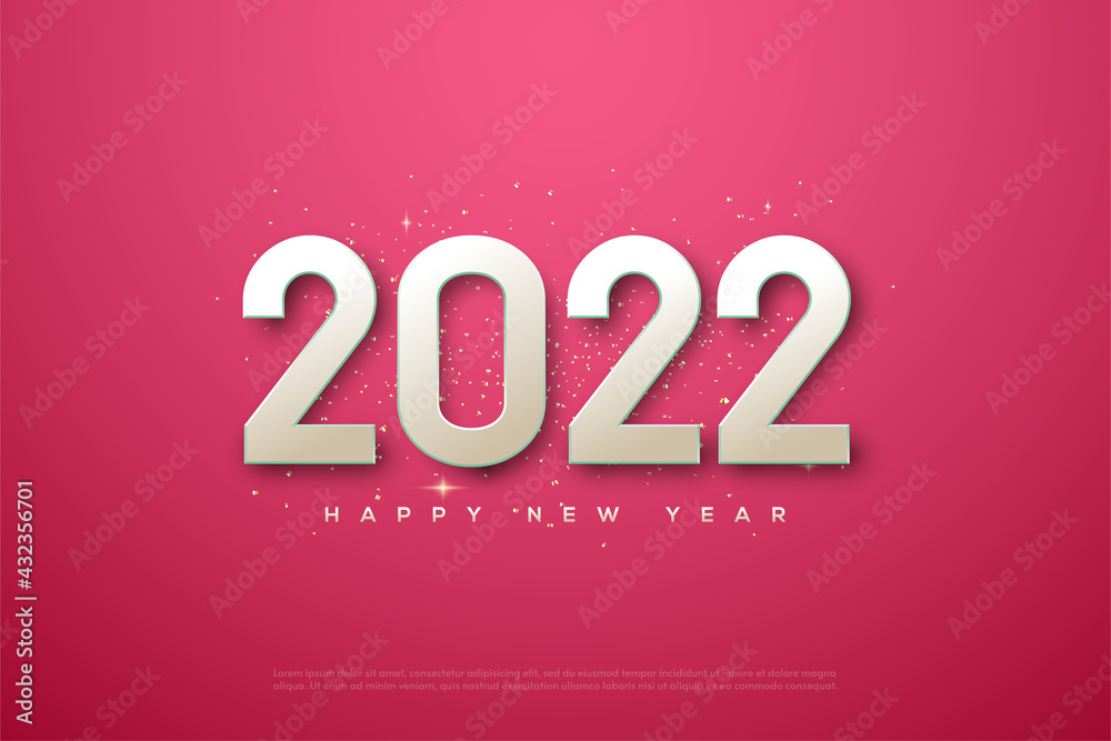 2022 happy new year with white numbers on pink background.