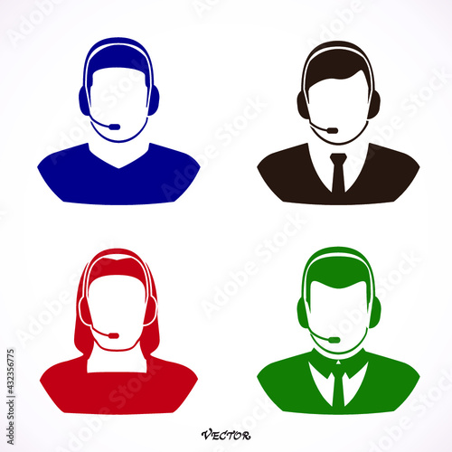 Vector set of call-center operators in headsets. Vector business flat illustration. 