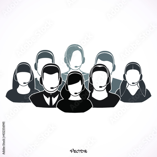 Call center operator with headset web icon design. Call center avatar set. Client services and communication, customer support, phone assistance, information, solutions. Vector