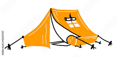 Hand drawn tent doodle icon. Simple black stroke. Tent stretched a rope tied to wooden peg in grass.Hiking, travel, camping. Sign symbol. Decoration element. White background. Isolated. Flat design.