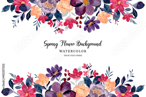 Spring flower frame background with burgundy flowers watercolor