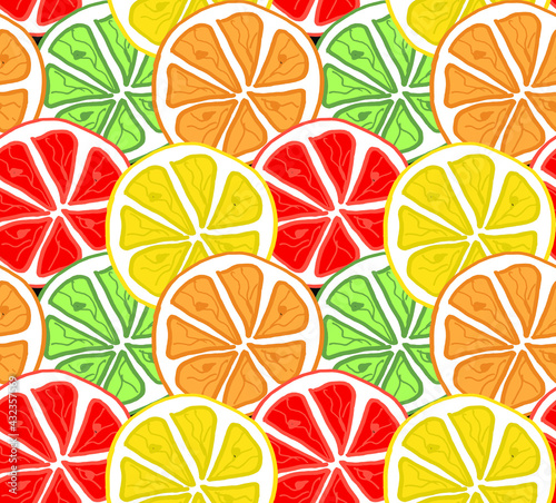 Seamless bright light pattern with Fresh citrus for fabric, drawing labels, print on t-shirt, wallpaper of children's room. Slices oflemon, lime, orange, citrus doodle style cheerful background.