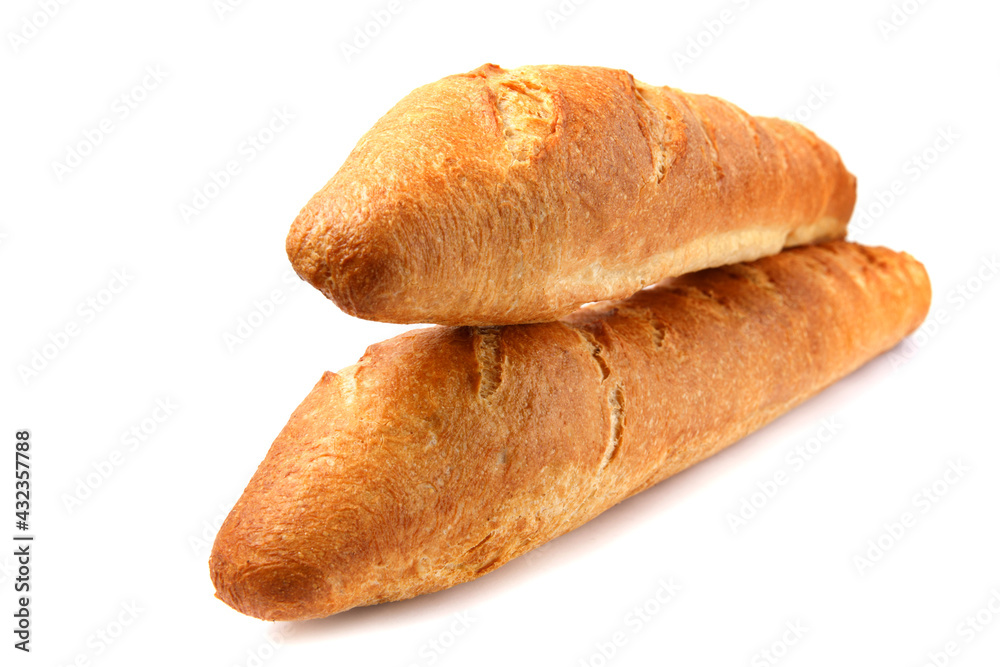 Two French baguettes are isolated on a white background. Two French baguettes are isolated on a white background.