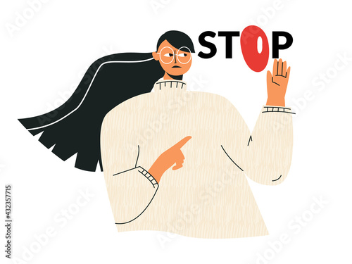 Stop Asian hate concept Support Asian Americans communities. Anti AAPI campaign. Stop racism, race equality banner. Girl with danger sign. Flat cartoon vector illustration isolated on white background photo