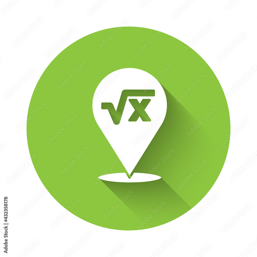 White Square root of x glyph icon isolated with long shadow. Mathematical expression. Green circle button. Vector White Square root of x glyph icon isolated with long shadow. Mathematical expression. Green circle button. Vector