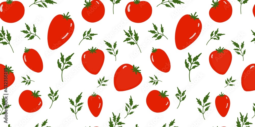 Seamless tomato background. Pattern on the theme of vegetables. Red tomatoes on a white background. Kitchen textiles design. Summer pattern Seamless tomato background. Pattern on the theme of vegetables. Red tomatoes on a white background. Kitchen textiles design. Summer pattern