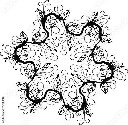 wreath of branches with leaves and flowers. Vector isolated contour decorative squiggle wreath for invitation card frame for weddings and cards