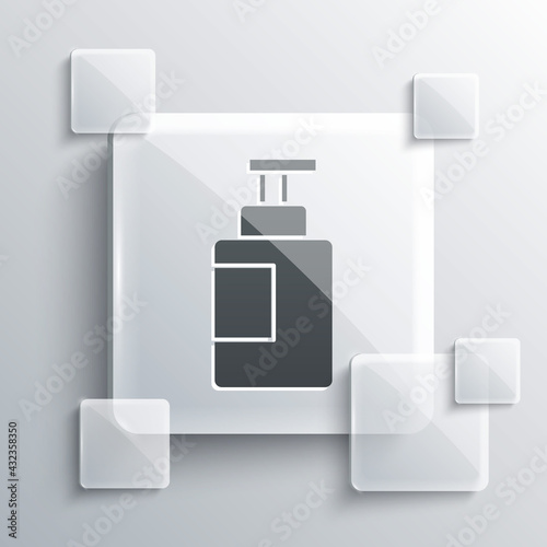 Grey Hand sanitizer bottle icon isolated on grey background. Disinfection concept. Washing gel. Alcohol bottle for hygiene. Square glass panels. Vector