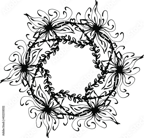 wreath of branches with leaves and flowers. Vector isolated contour decorative squiggle wreath for invitation card frame for weddings and cards