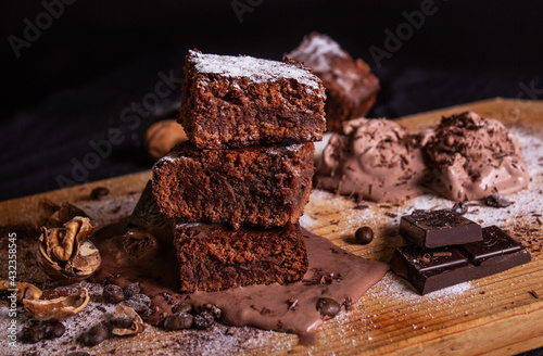 Homemade, fresh chocolate brownie with sugarpowder