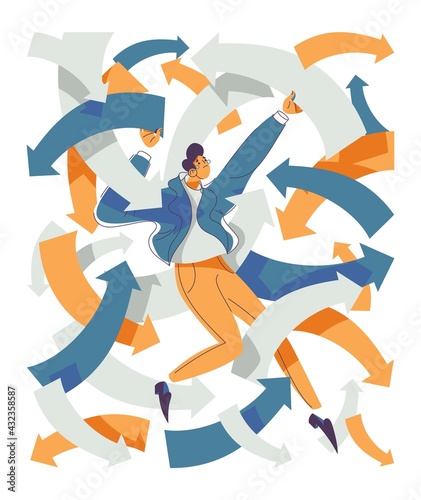 ADHD concept illustration isolated on white. Vector man trying to catch all vectors and arrows of his life. Attention deficit hyperactivity disorder