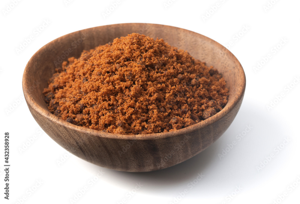brown granulated sugar in the wooden bowl, isolated on pure white background brown granulated sugar in the wooden bowl, isolated on pure white background