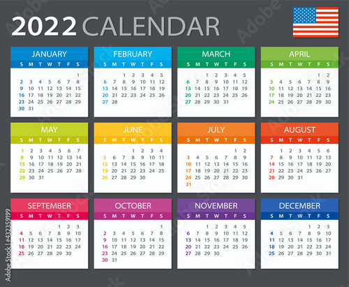 2022 Calendar - vector stock illustration. English American version