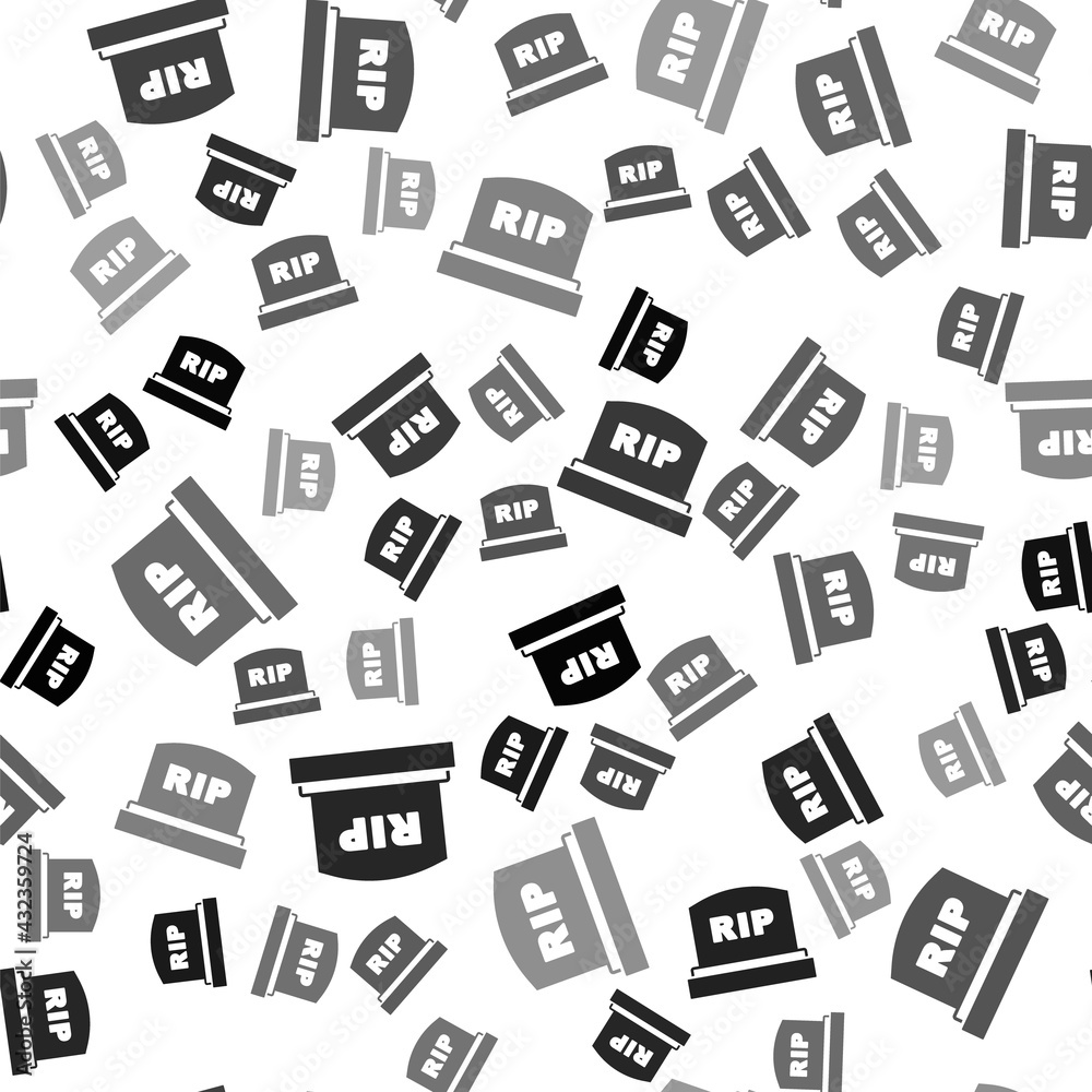 Black Tombstone with RIP written on it icon isolated seamless pattern on white background. Grave icon. Vector Black Tombstone with RIP written on it icon isolated seamless pattern on white background. Grave icon. Vector