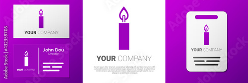 Logotype Burning candle icon isolated on white background. Cylindrical candle stick with burning flame. Logo design template element. Vector