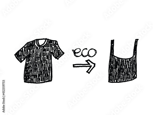 Hand drawn infographic for changing used cloth to bag. Graphic element for eco-friendly concept.