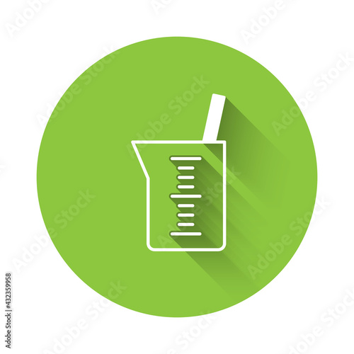 White Laboratory glassware or beaker icon isolated with long shadow. Green circle button. Vector © Kostiantyn