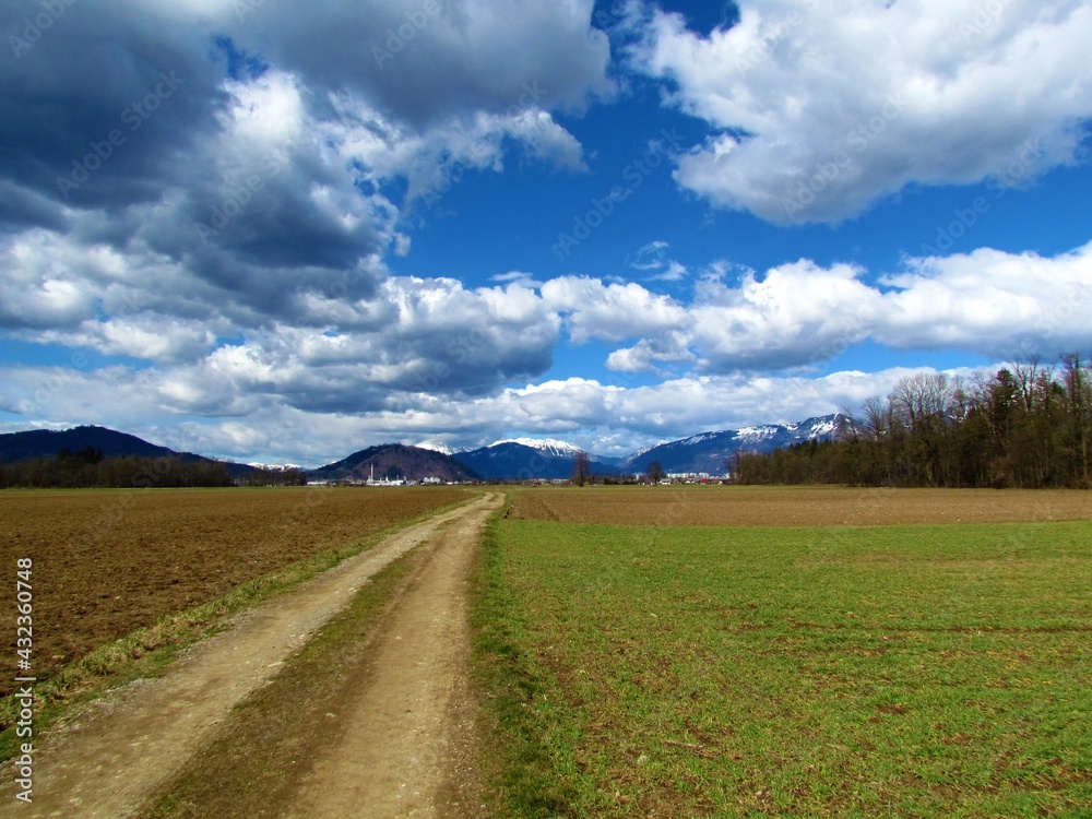 Dirt road leading through fields and snow covered Karavanke mountains behind in Gorenjska, Slovenia and beutiful white clouds in the sky