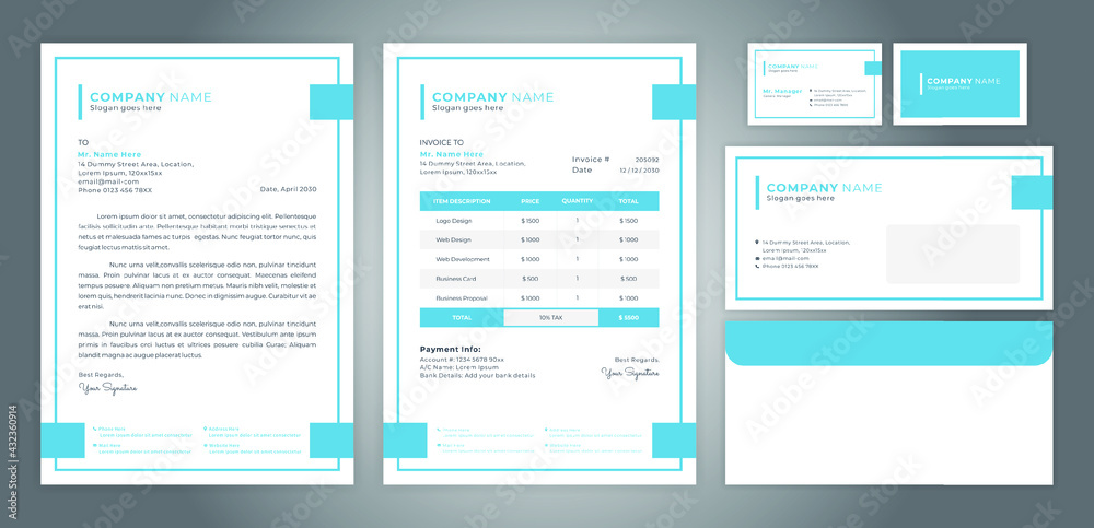 corporate identity with simple line design, including letterhead, invoice, business card and envelope