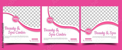 Spa, salon, massage social media post template design. Modern banner template with white background and flow shape and place for the photo.  Suitable for social media, flyers, banners, and websites.