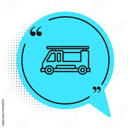 Black line Fire truck icon isolated on white background. Fire engine. Firefighters emergency vehicle. Blue speech bubble symbol. Vector