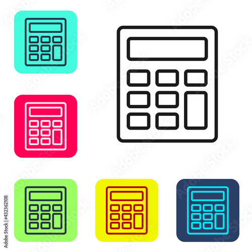 Black line Calculator icon isolated on white background. Accounting symbol. Business calculations mathematics education and finance. Set icons in color square buttons. Vector