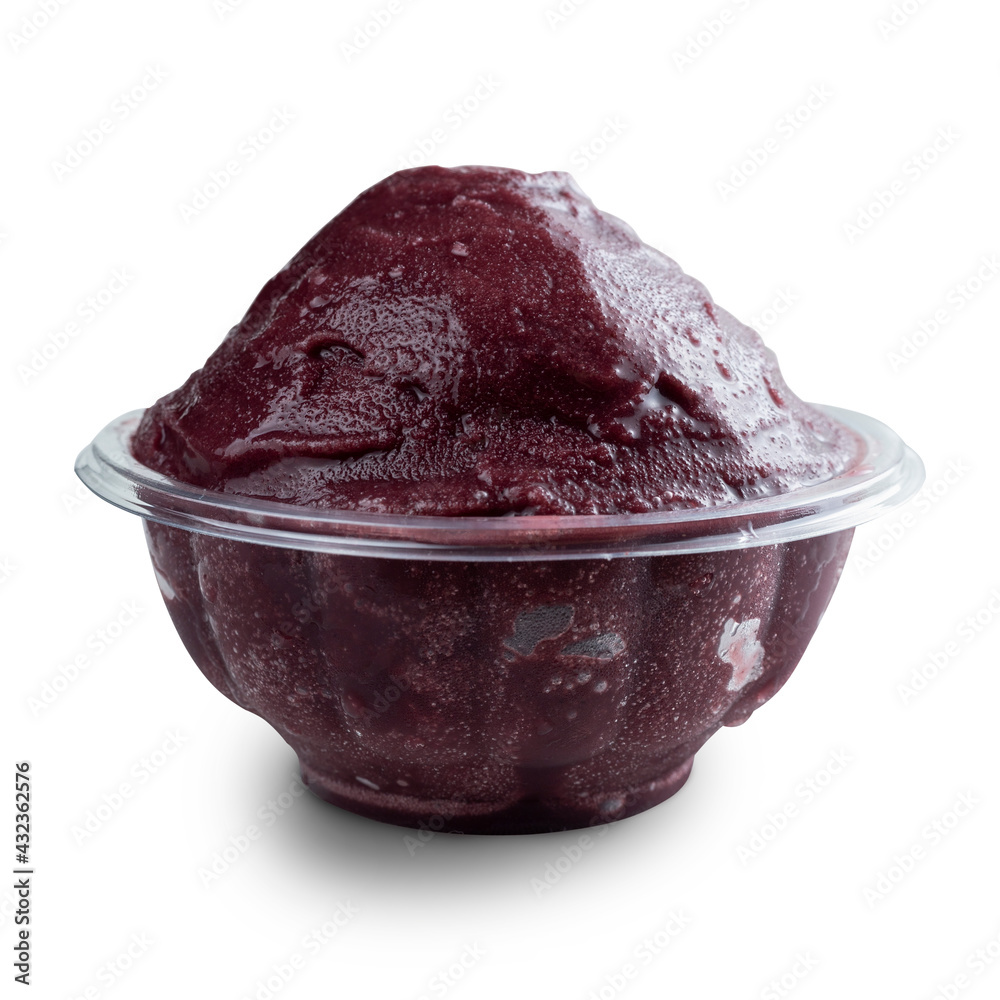 Açai, Brazilian frozen açai berry ice cream bowl. Front view. Isolated