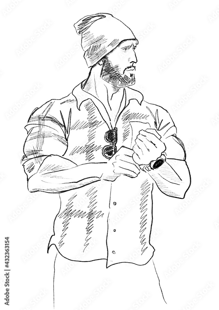 Hand-drawn fashion illustration of imaginary male model figure in a checkered shirt, jeans, and hat. Color book page. Posing reference. Black white man sketch. Comic book art. Romance novel character Hand-drawn fashion illustration of imaginary male model figure in a checkered shirt, jeans, and hat. Color book page. Posing reference. Black white man sketch. Comic book art. Romance novel character