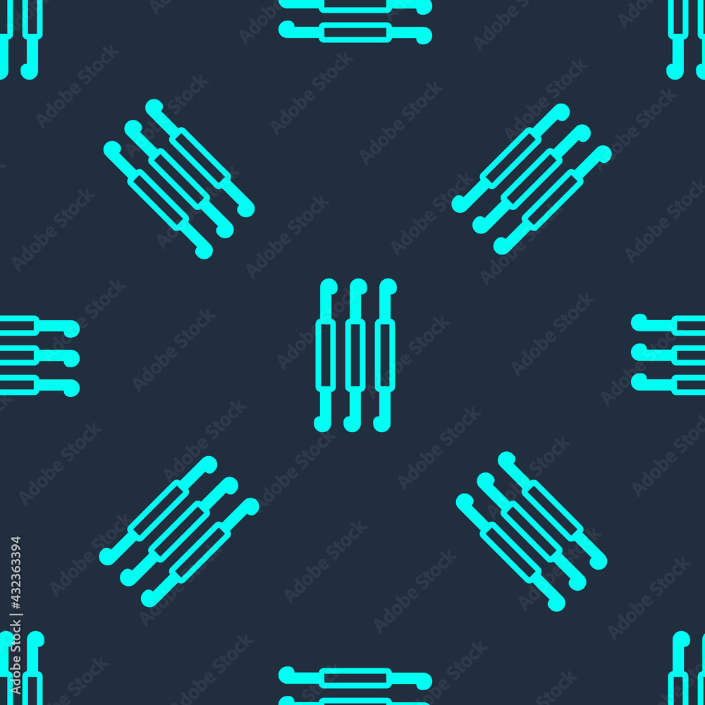 Fototapeta premium Green line Crochet hook icon isolated seamless pattern on blue background. Knitting hook. Vector