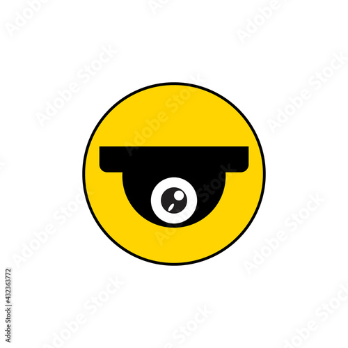 CCTV icon, security video round camera surveillance with eye. Vector clipart and drawing. Black, yellow and white isolated illustration.