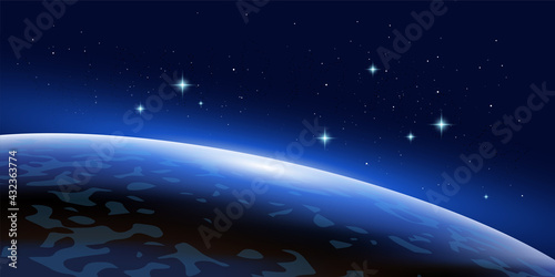 Fototapeta Naklejka Na Ścianę i Meble -  Vector space horizontal illustration of blue planet with light and stars