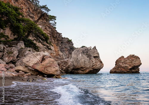 Rock and huge stones on the Mediterranean coast in Antalya