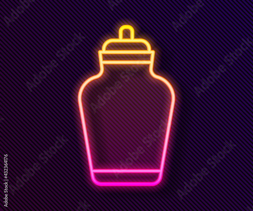 Glowing neon line Funeral urn icon isolated on black background. Cremation and burial containers, columbarium vases, jars and pots with ashes. Vector