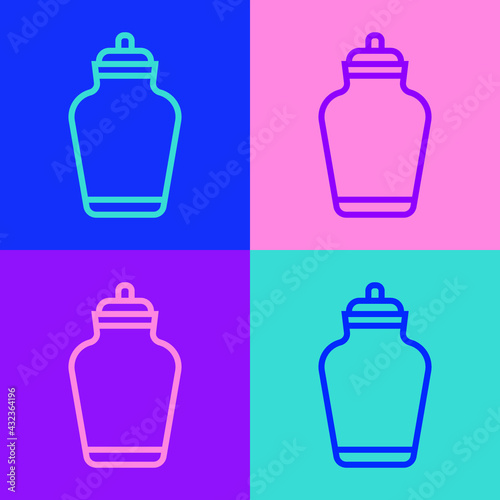 Pop art line Funeral urn icon isolated on color background. Cremation and burial containers, columbarium vases, jars and pots with ashes. Vector