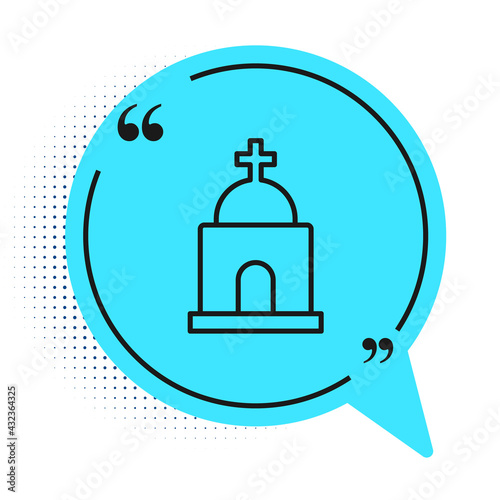 Black line Old crypt icon isolated on white background. Cemetery symbol. Ossuary or crypt for burial of deceased. Blue speech bubble symbol. Vector