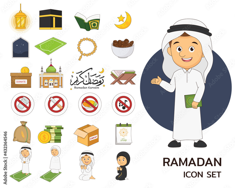 Ramadan consept flat icons,Ramadan kareem,happy fasting ramadan cute cartoon  illustration arabic Stock Vector | Adobe Stock