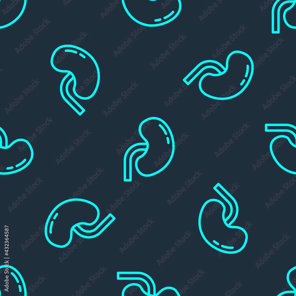Naklejka premium Green line Human kidney icon isolated seamless pattern on blue background. Vector