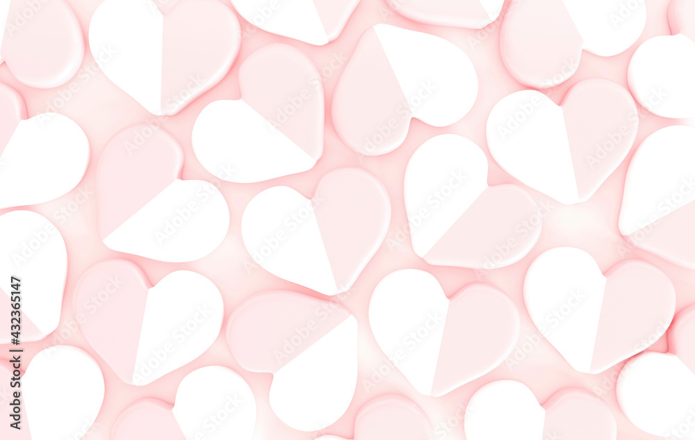 Pink hearts on a pink background. Heart shaped candy. Heart shape decoration. Valentine's Day. 3d rendering.	
