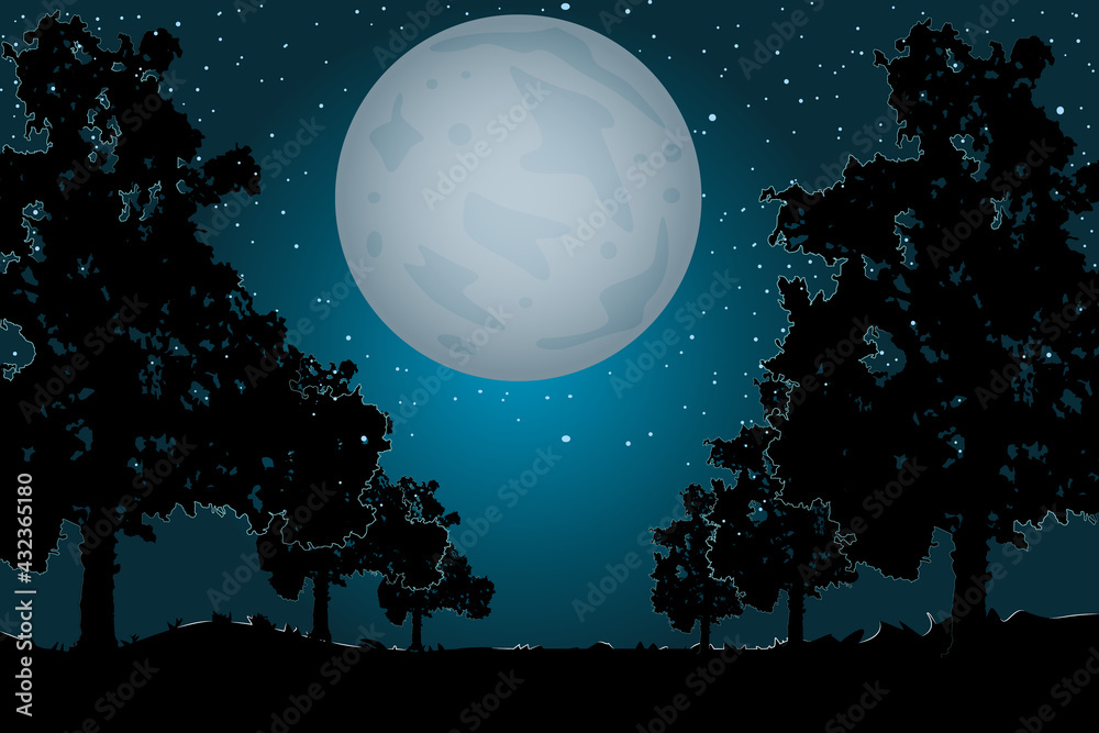 Naklejka premium Landscape with moon, trees silhouettes and path. Night sky and moonlight. Evening scenery in the countryside with full moon and starry sky. Alley of the empty park at dusk time. Vector illustration