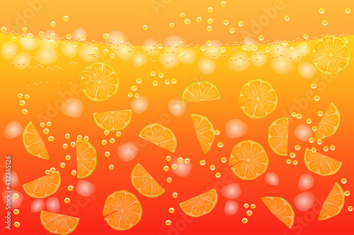 Refreshing water with lemon slices and ice cubes. Citrus lemonade background. Drink liquid pattern. Fresh lime slices in beverage with bubbles. Citron juice or mojito booze pattern.Vector illustration