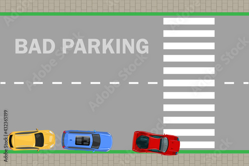 Bad parking. Car parked on the crosswalk. Cars top view. Bad or wrong car parking. Traffic regulations. Rules of the road. Improperly parked automobile. Urban infrastructure. Stock vector illustration