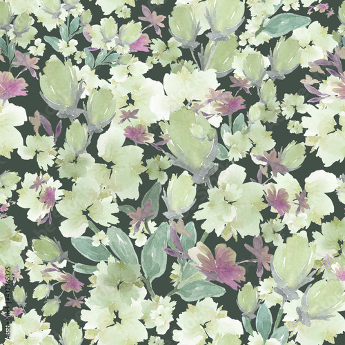 WATERCOLOR ILLUSTRATION SEAMLESS PATTERN,AIR FLOWERS,GRASS,BUD,SMALL GRAY FLOWERS,DARK BACKGROUND ,FOR WALLPAPER OR FABRIC