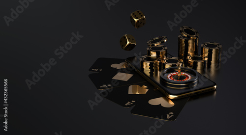 Casino roulette, playing cards, casino roulette, chips and craps. Vegas casino game. The likelihood of good luck in gambling. Online casino. 3d rendering.	
